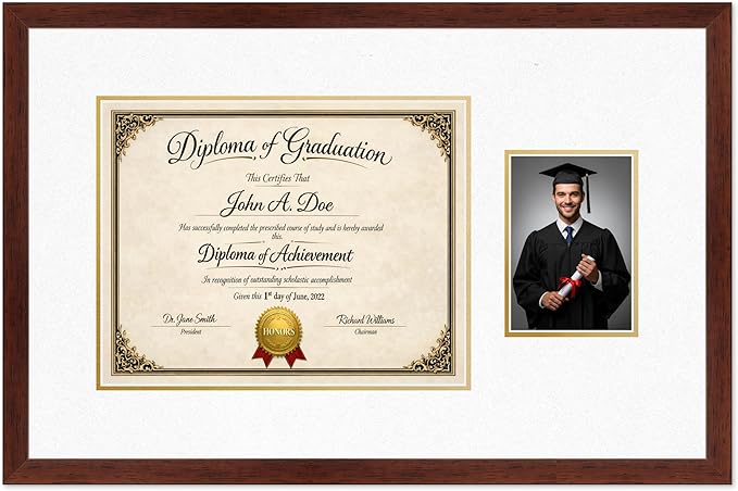Diploma Frame With Photo Opening Rustic Walnut Oyster Shell Over Gold Mat - Fits 14 x 11 Degree and Picture Made in the USA