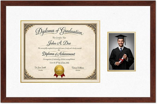 Diploma Frame With Photo Opening Rustic Walnut Oyster Shell Over Gold Mat - Fits 14 x 11 Degree and Picture Made in the USA