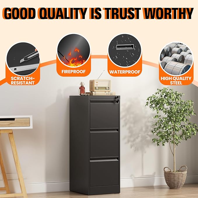 3 Drawer File Cabinet with Lock, Metal Filing Cabinet for Home Office, Vertical File Cabinet for Letter/Legal/A4/F4 Documents, Easy to Assemble Steel Storage Cabinet