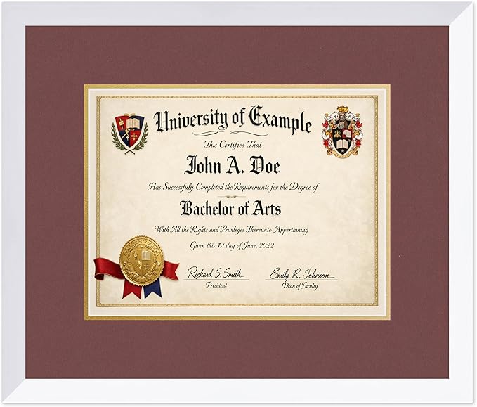 CountryArtHouse Diploma Frame Fits 13 x 10 College Diploma (Traditional) - Keepsake Graduation Display Bright White Genuine Hardwood with Dark Red Over Metallic Gold Double mat