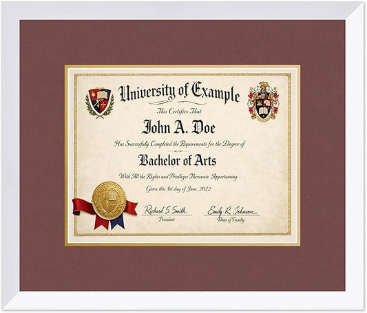 CountryArtHouse Diploma Frame Fits 13 x 10 College Diploma (Traditional) - Keepsake Graduation Display Bright White Genuine Hardwood with Dark Red Over Metallic Gold Double mat