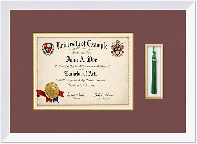 CountryArtHouse Diploma and Tassel Frame Fits 11 x 8.5 US Letter Certificate with Tassel H Bright White Genuine Hardwood Shadowbox with Dark Red Over Metallic Gold Double mat