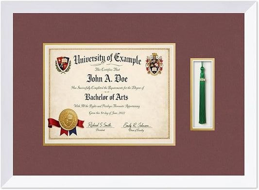 CountryArtHouse Diploma and Tassel Frame Fits 11 x 8.5 US Letter Certificate with Tassel H Bright White Genuine Hardwood Shadowbox with Dark Red Over Metallic Gold Double mat