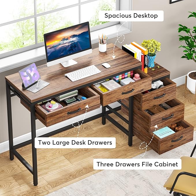 Tribesigns Computer Desk with 5 Drawers, Home Office Desks with Reversible Drawer Cabinet Printer Stand, Industrial PC Desk with Storage, Rustic Study Writing Table Workstation for Small Spaces