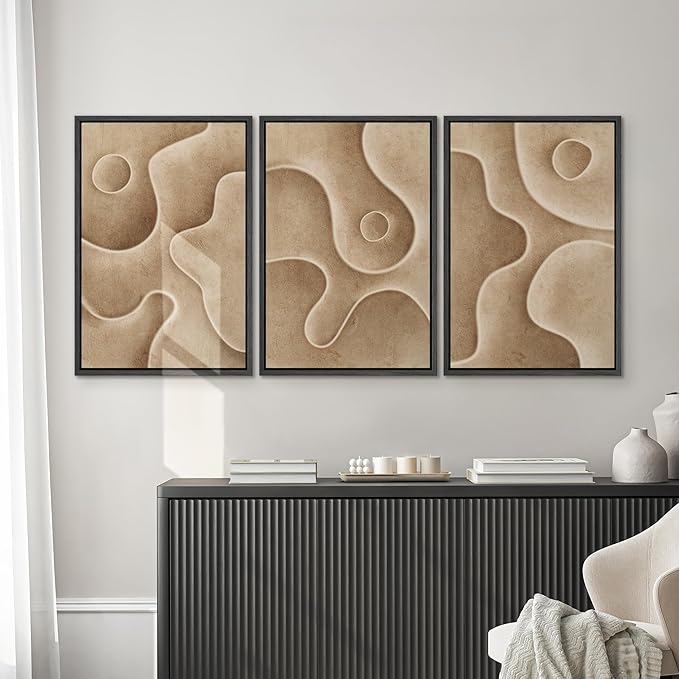 SIGNWIN Framed Canvas Print Wall Art Set Textured Sand Art Organic Curved Shapes in Neutral Tones Illustrations Modern Art Decorative Abstract for Living Room, Bedroom, Office - 16"x24"x3 Black