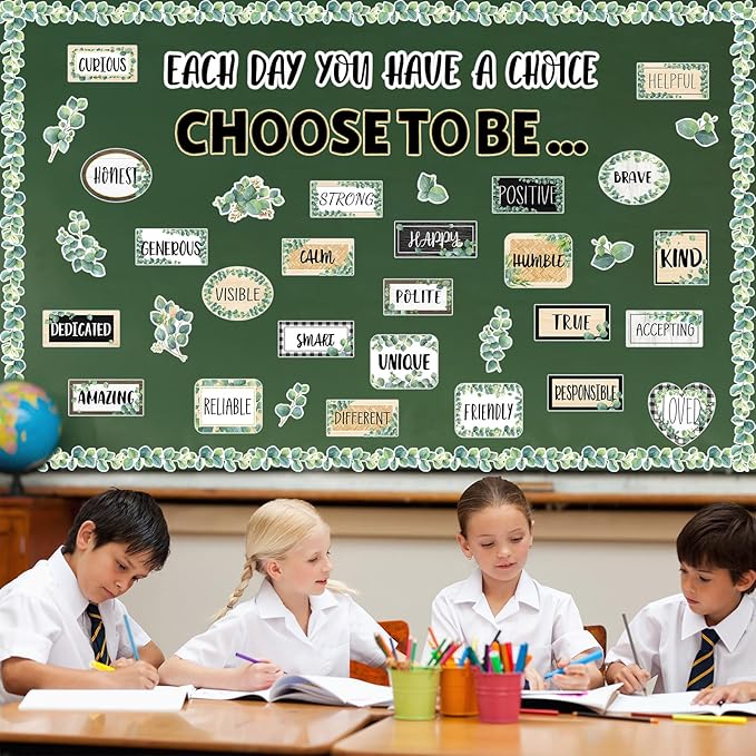 Eucalyptus Motivational Bulletin Board Set Greenery Decoration for Classroom Inspirational Posters Choose to Be Positive Accent Cutouts Eucalyptus Bulletin Boards for Teachers School Wall Supplies