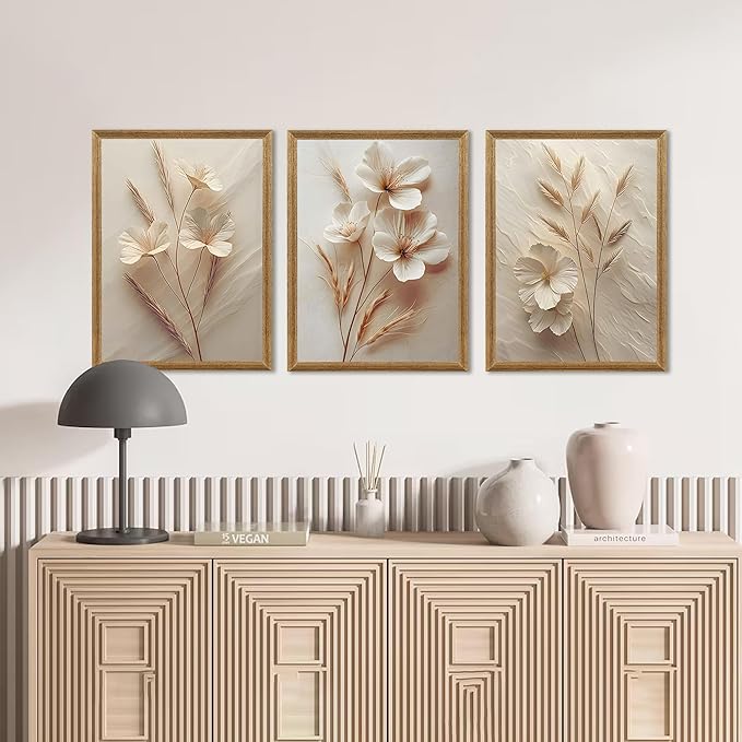 Wall Art Set Of Three Botanical Flower Canvas Prints With Wood Frames For Living Room Bedroom Home Decor Art Prints 12x16 Inch Each Wood Framed Easy To Hang