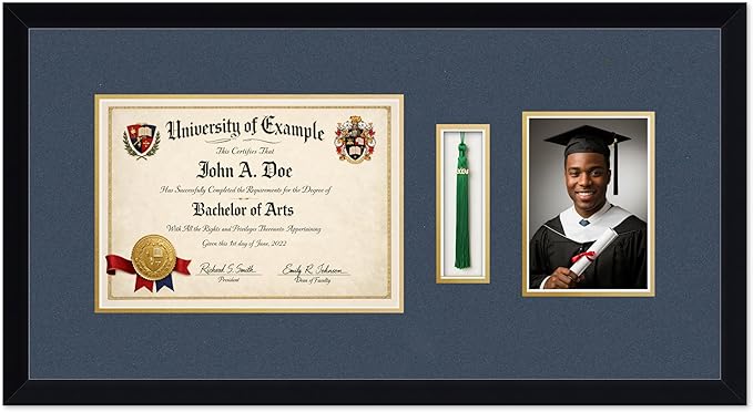 CountryArtHouse Diploma Tassel and Photo Shadowbox Fits 11.69 x 8.27 A4 Certificate with Tassel Hoo Matte Black Genuine Hardwood with Navy Blue Over Metallic Gold Double mat
