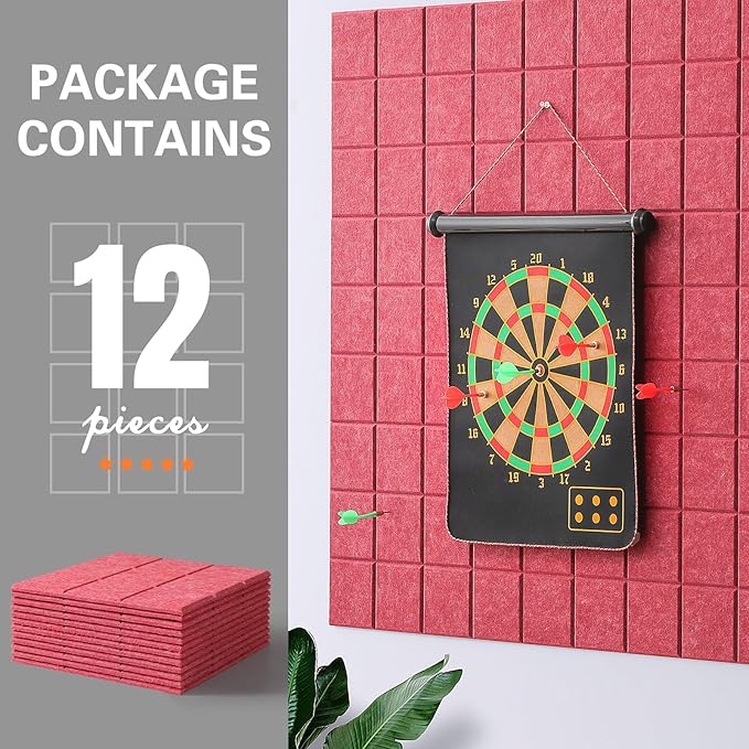 Large Cork Board, 12 Pack Felt Wall Tiles with Safe Removable Adhesive, Bulletin Board for Office, Pin Tack Corkboard for Quilting Design & Dart Wall Protector 48" x 36" - Light Crimson
