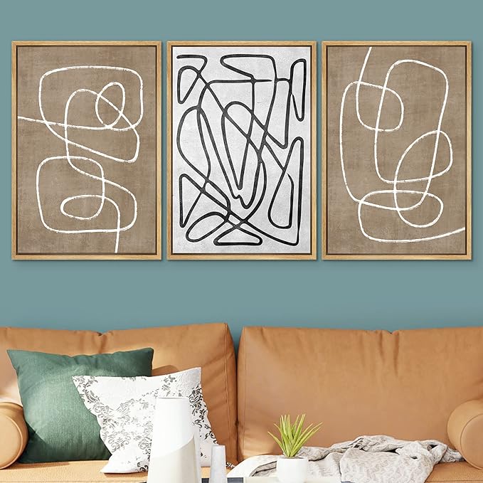 SIGNWIN Framed Canvas Print Wall Art Set Geometric Mid-Century Sketches Graffiti & Street Art Abstract Illustrations Modern Art Decorative Nordic for Living Room, Bedroom, Office - 16"x24"x3 Natural