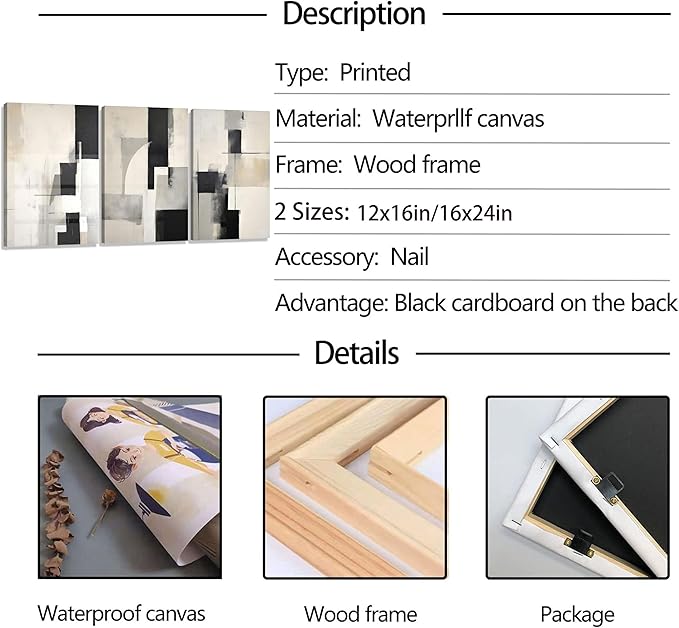 3Pcs Framed Neutral Abstract Canvas Wall Art Pictures Modern Minimalist Posters Prints Beige Black Brown Simple Wall Decoration for Living Room Bedroom Bathroom Office 12x16in