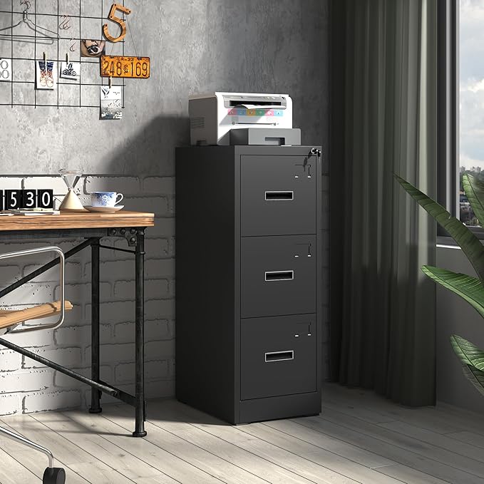 3 Drawer Metal File Cabinet with Lock,Black Steel Filing Cabinets for Home Office Heavy Duty Locking Vertical File Cabinet Storage Cabinet for Legal/Letter Size File,Assembly Required