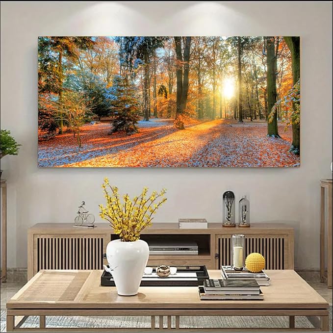 Bamdeya Forest Canvas Wall Art Large Picture Autumn Poster Sunset Tree Wall Decor Natural Landscape Painting Fall Scenery Artwork for Bedroom Living Room Decor Office Home Decorations
