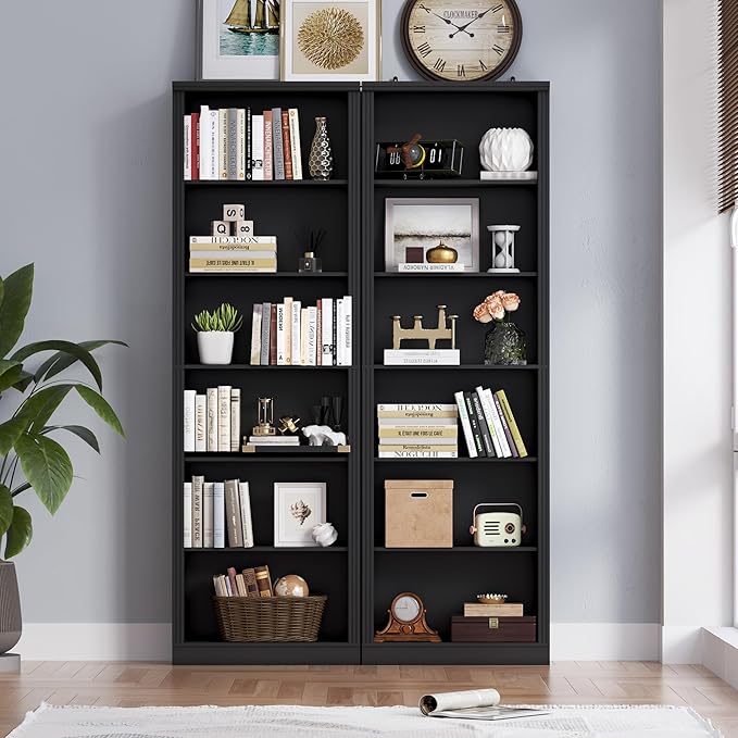75" Tall Bookshelf, 6-Tier Floor Standing Bookcase with 2 Adjustable Shelves, 24" Wide Open Storage Shelf, Modern Display Organizer for Home Office, Living Room, Bedroom, Study