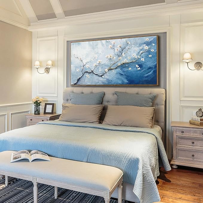 Extra Large Framed Floral Wall Art - 58x29 Inch Blue and White Plum Blossom Canvas Print with Wooden Frame - Elegant Botanical Decor for Bedroom & Living Room