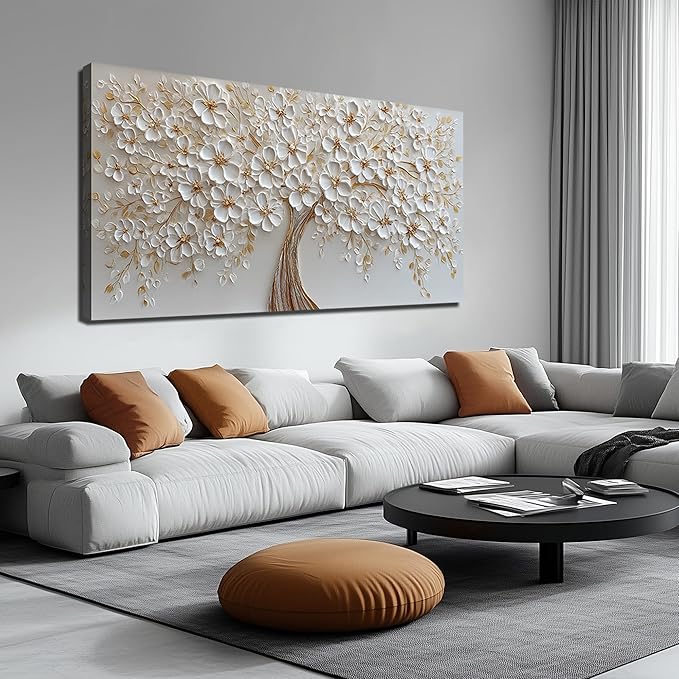 Large Tree Artwork for Walls Office White Flower Canvas Wall Art for Living Room Wall Decor for Bedroom Aesthetic Size 29 x 58 Inch