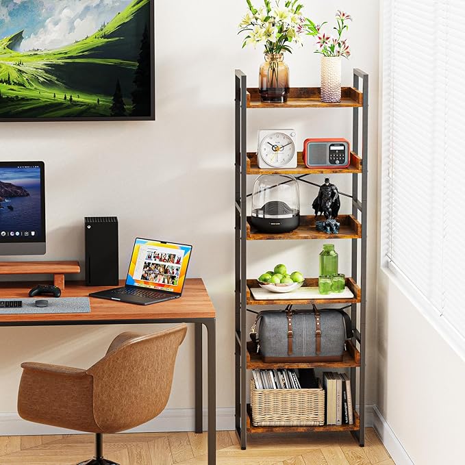 Luckyeestar 6-Tier Bookshelf, Industrial Bookcase, Office Shelf Storage Organizer, Free Standing Storage Shelving, Vintage Storage Rack, Metal Frame Display Rack for Living Room
