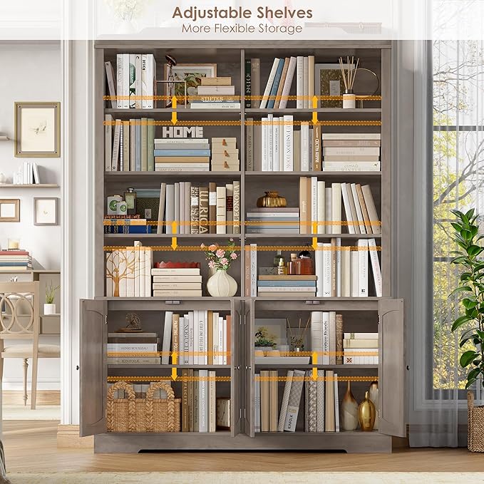FACBOTALL 73.1" Tall Bookcase and Bookshelf, Wide Bookshelf with Doors and Adjustable Shelves, 6 Tier Large Bookshelfs with Storage, Tall Storage Cabinet for Living Room, Home Office, Wash Gray