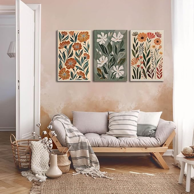 3pcs Abstract Boho Floral Canvas Wall Art Green Beige Flower Market Posters Prints Minimalist Colorful Botanical Wall Decor Pictures For Living Room Bedroom Office Home Decoration