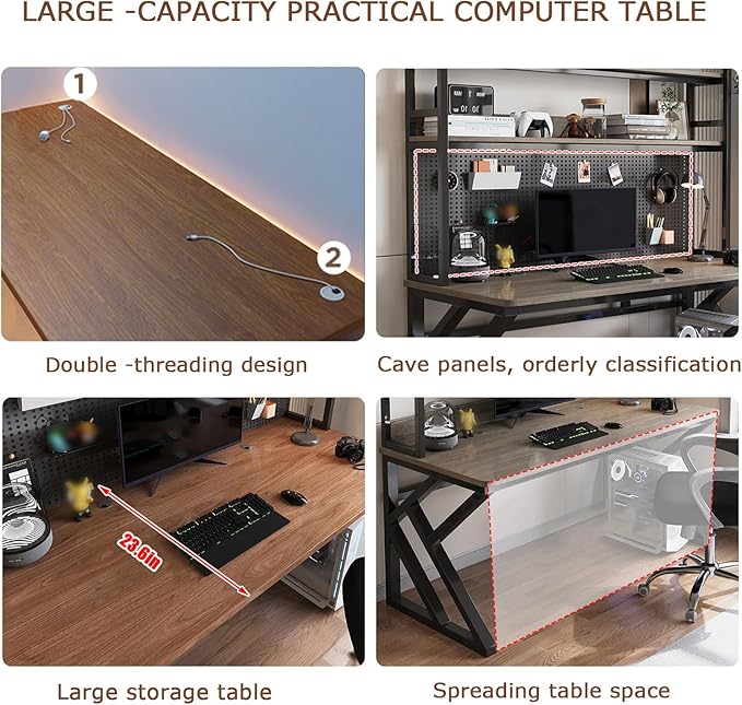 31.4in Gaming Desk with Bookshelf Combo, Computer Desk with Pegboard, Large Writing Table with Desktop Shelves, Ample Leg Room, for Home Office (Brown, 31.4in)