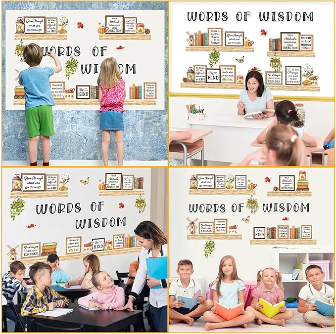 Qilery Bookshelf Bulletin Board Set, Motivational Words of Wisdom Cutouts for Classroom Decor, Rustic Boho Library Reading Nook Wall Posters, Inspirational Teacher Supplies for Back to School