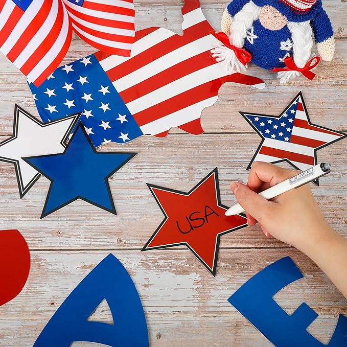 Whaline 60Pcs 4th of July Bulletin Board Decorations God Bless America Patriotic Star USA Map Cut-Outs Red White Blue Classroom Trim Border with Glue Point for Independence Day School Decor