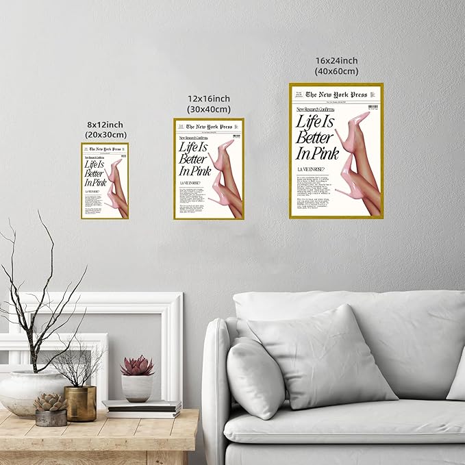Trendy Baby Pink Hot Girl Poster Life Is Better In Pink Newspaper Wall Art Retro High Heel Picture 70s News Headline Canvas Prints Aesthetic Decor for Girly Bedroom Dorm 12x16inch Golden Framed