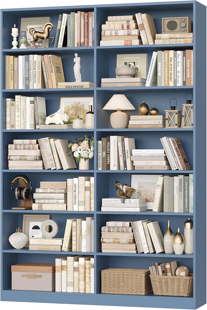 FACBOTALL 83.6" Tall Bookshelf and Bookcase, 7-Tier Extra Large Bookshelf with Double Storage, 14 Open Display Shelves for Home Office, Study and Living Room, Blue