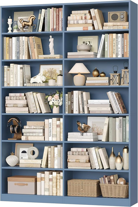 FACBOTALL 83.6" Tall Bookshelf and Bookcase, 7-Tier Extra Large Bookshelf with Double Storage, 14 Open Display Shelves for Home Office, Study and Living Room, Blue