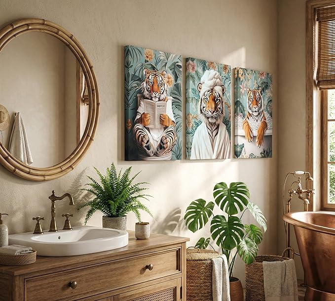 3pcs Funny Bathroom Tiger Canvas Wall Art Boho Tropical Botanical Tiger Reading Newspaper On Toilet Wall Decor Pictures Animal Humor In Bathtub Posters Prints for Bathroom Decoration Ready To Hang