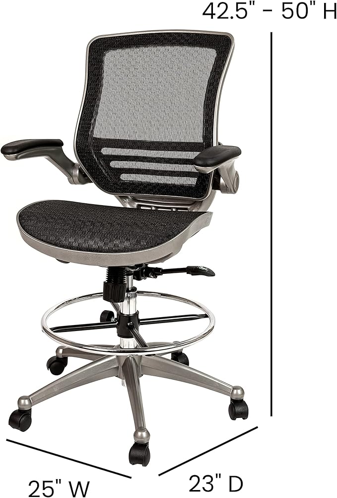 Flash Furniture Waylon Mid-Back Swivel Office Chair with Adjustable Foot Ring and Seat Height, Ergonomic Mesh Chair with Armrests, Black/Silver