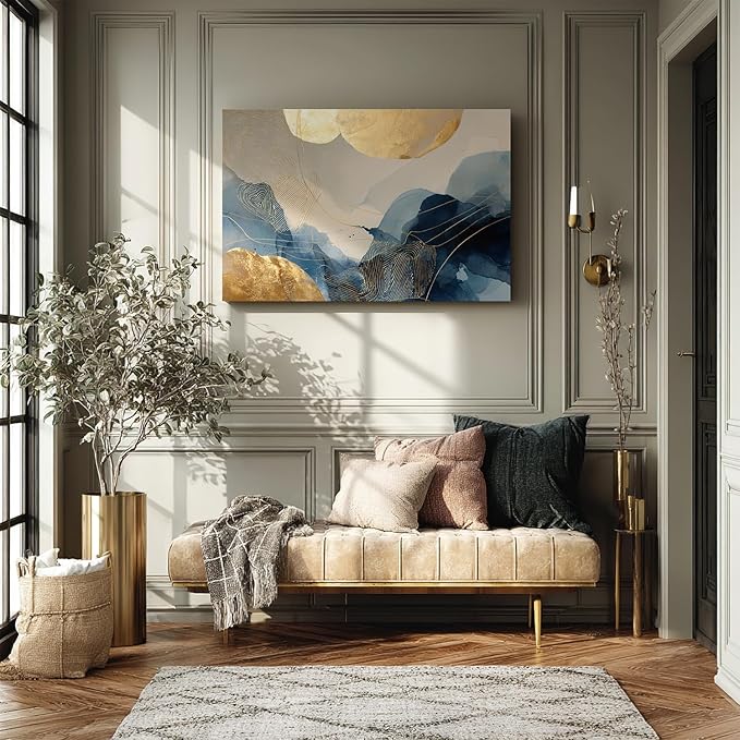 gaosoul Modern Blue Abstract Canvas Wall Art Oil Painting Gicless Prints with Gold Circles Flowing Watercolor Effects Dynamic Brushstrokes Artwork for Living Room Home Office Decor Framed 30x20in
