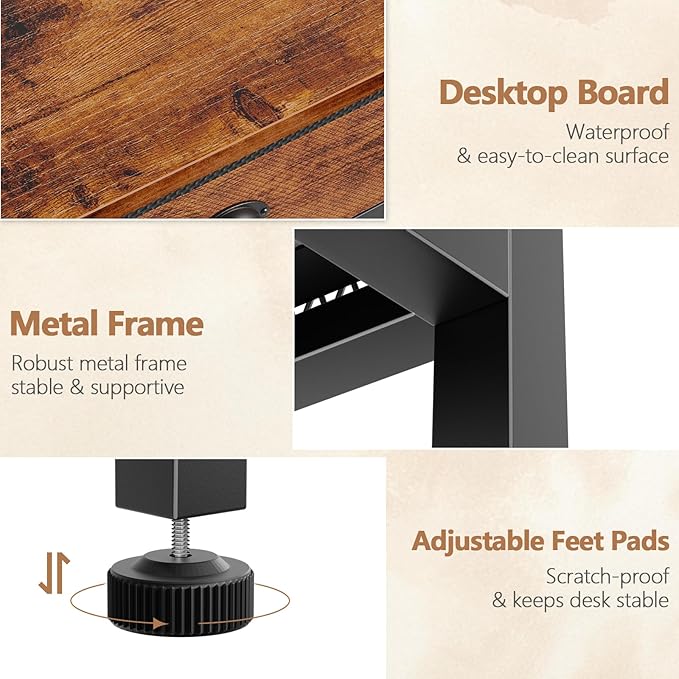 Furologee Small Computer Desk with 2 Fabric Drawers, 40 Inch Simple Home Office Desk, Writing Desk with Hooks, Study Table for Working Small Spaces, Makeup Desk for Bedroom, Rustic Brown