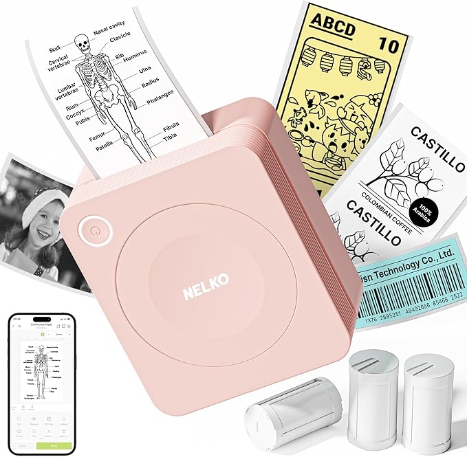Nelko Sticker Printer, PM230 Print Pod Mini Bluetooth Portabel Sticker Maker with 3 Rolls Paper, Print Pods with Multiple Templates for Phone & Tablet, Smart AI APP Family, Pink