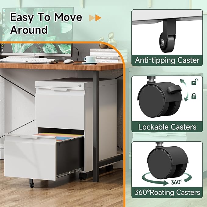 2 Drawer Metal Rolling File Cabinet with Lock, Under Desk Mobile Filing Cabinet for Home Office, Printer Stand with Casters Fits A4/Letter/Legal Size Documents, White