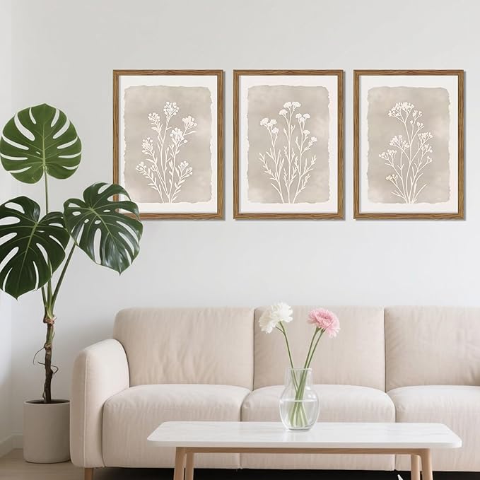 Framed Boho Botanical Flower Wall Art Set of 3, Vintage Minimalist Neutral Floral Wall Decor Paintings, Rustic Farmhouse Wildflower Artwork Prints Picture for Living Room Bedroom Bathroom 12x16 Inch