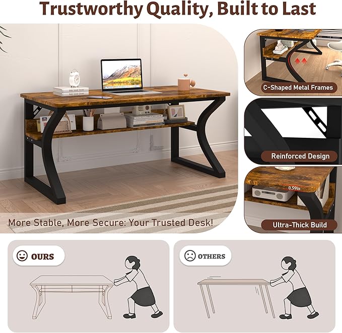 Computer Desk 55 x 23.6 Inch Home Office Desk, Large Modern Computer Desks with Storage Shelf, Metal Frame Work Study Writing Office Desk with Cable Hole, Wide Desk for PC & Monitors (Brown, 55)