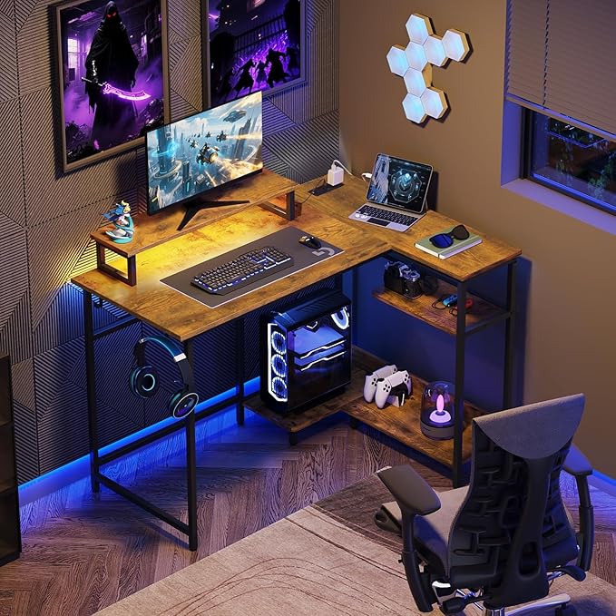 DEVAISE 43 Inch L Shaped Gaming Desk with LED Lights & Power Outlets, Corner Desk for Small Spaces, Sturdy PC Computer Table with Storage for Home Office, Rustic Brown