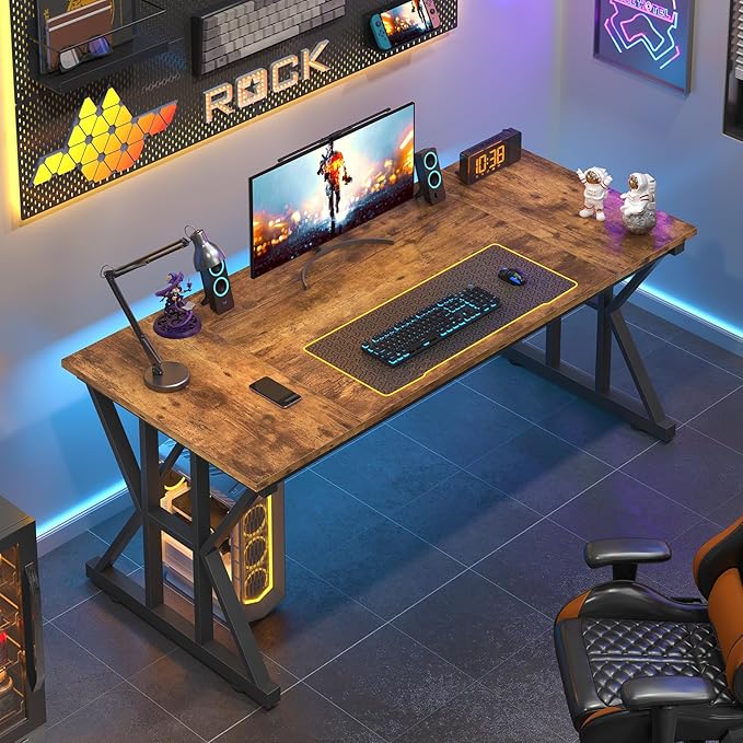TVU Computer Desk, 55 inch Large Office Desk, Study Writing Table with Thicken Frame, Gaming Desk, Modern Simple Desk for Home Office, Rustic Brown