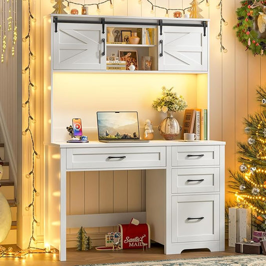Farmhouse 67" H Executive Desk with Hutch,Office Table with LED light and 7 Drawers,Computer Desk with Charging Station,File Drawers and Storage Cabinet,Workstation for Home Office.Cream White