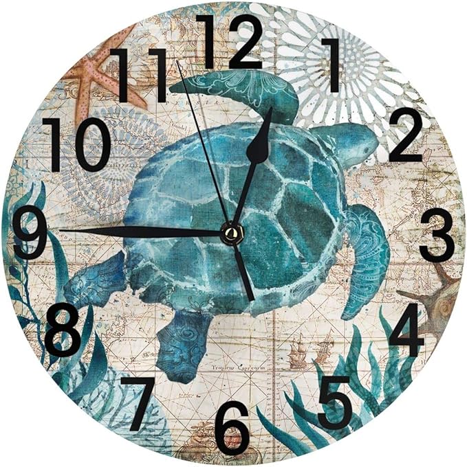 Sea Turtle Nautical Map Retro Wall Clock Battery Operated Silent Round Clock Wall Decor for Home Office School, 12 Inch
