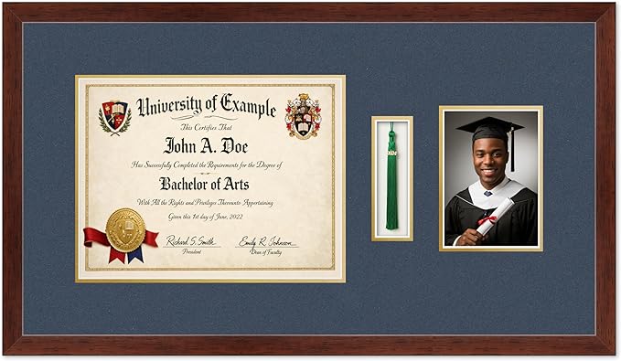 CountryArtHouse Diploma Tassel and Photo Shadowbox Fits 13 x 10 College Diploma (Traditional) with Ta Rustic Walnut Genuine Hardwood with Navy Blue Over Metallic Gold Double mat