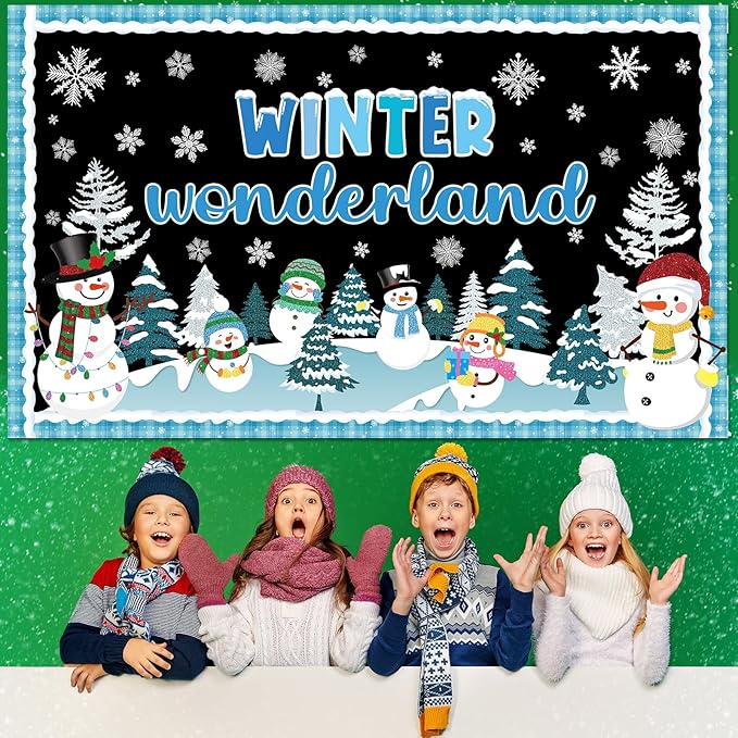 Winter Wonderland Bulletin Board Set Winter Snowman Bulletin Board Christmas Classroom Decorations Snowy Tree Snowflake Cutouts for Xmas Holiday Party School Classroom Home Chalkboard Wall Decor