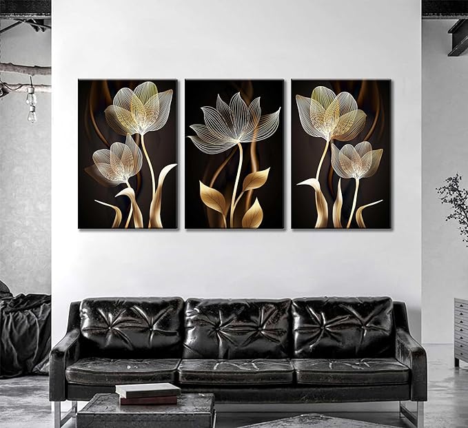 3 Pieces Modern Abstract Brown Flowers Canvas Wall Art Minimalism Black and Gold Floral Painting Pictures Luxury Wall Decor Posters Print Artwork for living room Office Bedroom Home Decoration