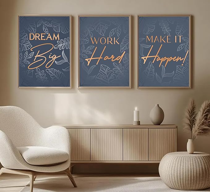 3Pcs Blue Gold Inspirational Office Wall Art Inspiring Motivational Positive Quote Botanical Posters Paintings Pictures Wall Decor Canvas Print Artwork for School Bedroom Living Room Home Decoration Unframed