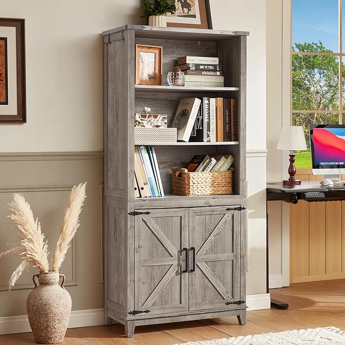 5 Tier Bookshelf 70in Tall Bookcase with Barn Doors and Storage Cabinet, Grey Farmhouse Book Shelf with Adjustable Shelves, Wood Freestanding Display Bookshelves for Bedroom, Kitchen (3 PCS)