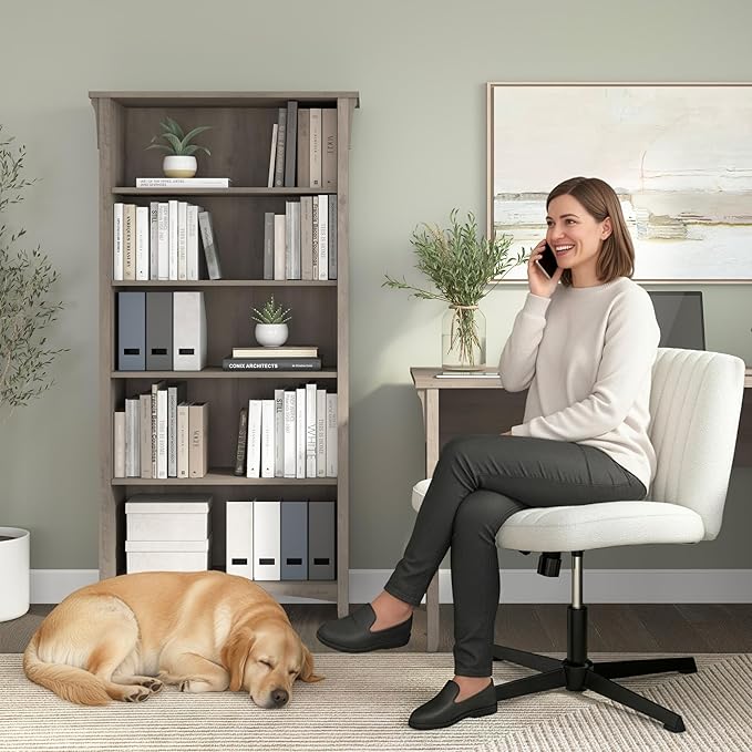 Bush Home Salinas 5 Shelf Bookcase in Driftwood Gray, Tall Bookshelf, Large Book Shelf for Living Room, Home Office, or Entryway