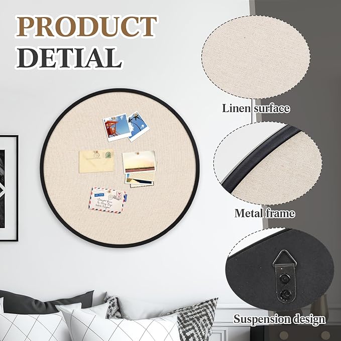 Vintage Framed Pin Board Linen Display Bulletin Board Large Cork Fabric Picture Photo Pinboard Memo Ornate Decorative Pinboard Ornate for Wall Gift(Round,24'' X 24'',Modern Black)