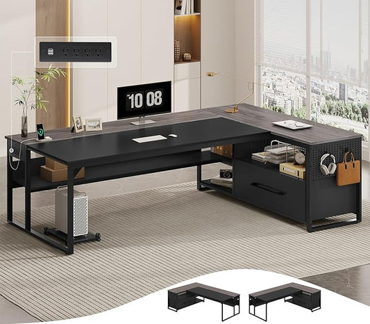 71" Executive Desk, Large Office Desk with Widen File Drawers & Power Outlets, Reversible L Shaped Computer Desk Corner Desk with Storage Shelves, CPU Stand, Hooks, Business Furniture (Grey)