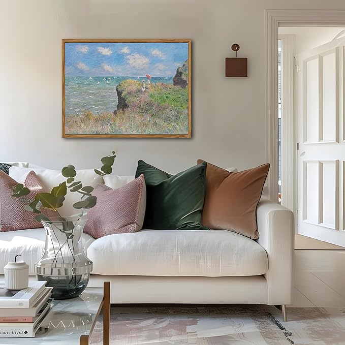Framed Vintage Monet Wall Art Coastal Decor – Impressionist Seaside Oil Painting Canvas Prints – Nature Beach Scene Landscape Aesthetic Wall Decor for Living Room Bedroom Bathroom – 12"x16"